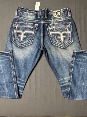 ROCK REVIVAL Cyrek J201 Straight Men 's Premium Denim 36X33 Embroidered Pockets